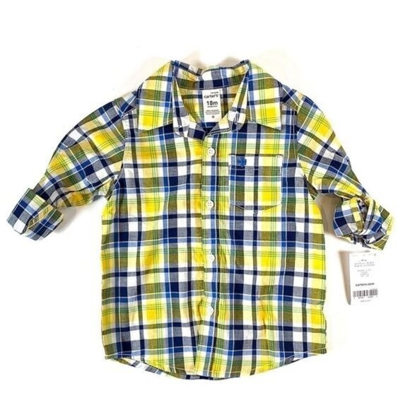 Carters Plaid Long Sleeve Button Up Shirt Blue Yellow Size Boy Toddler 18M - Picture 1 of 8